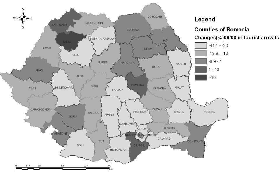 Figure 2 - Changes in tourist arrivals 2009/2008 3.3. Length of stay The average length of stay registered slight variations for the analysed period, oscillating around 7.