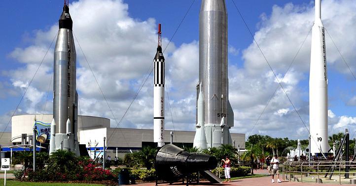 See the icon of the space program, the countdown clock, a mobile launcher used to move Apollo moon rockets and space shuttles to the launch pad, and the Operations and Checkout building, the