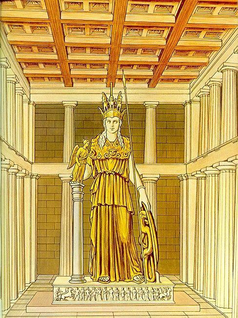 As restored from copies, Athena probably stood with her weight on her right leg, and her left leg relaxed. She wore sandals, a peplos belted over the overfold, an aegis, and a helmet.