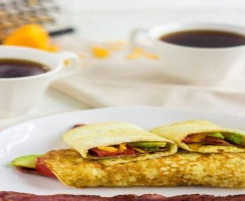 Egg Breakfast Wrap 2 eggs 1 tbsp milk (2 percent) Salt /Pepper 2-4 Strips of turkey bacon (however bacony you want it) ½ avocado sliced ½ tomato sliced Grated reduced fat cheddar cheese Instructions: