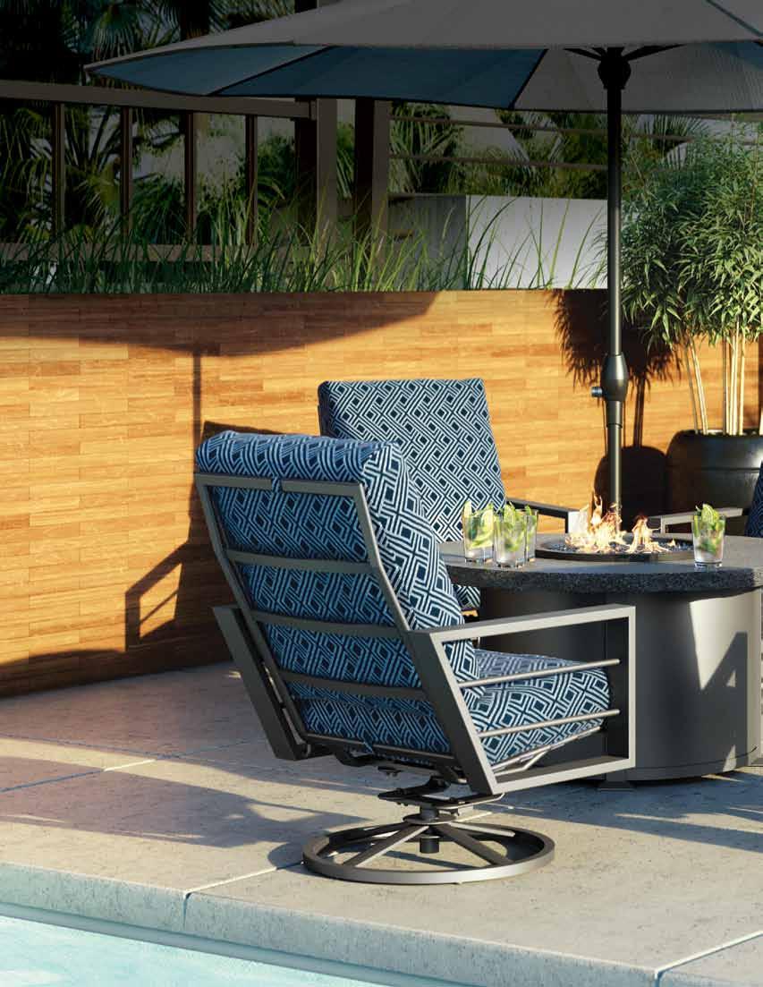 Love our handcrafted shadow rock Shown in Photo: sutton high back swivel rocker chat chair 4592A Integrated Indigo (Sunbrella) (Discontinued) Storm Frame Finish 42" shadow rock chat fire pit 4642CSH