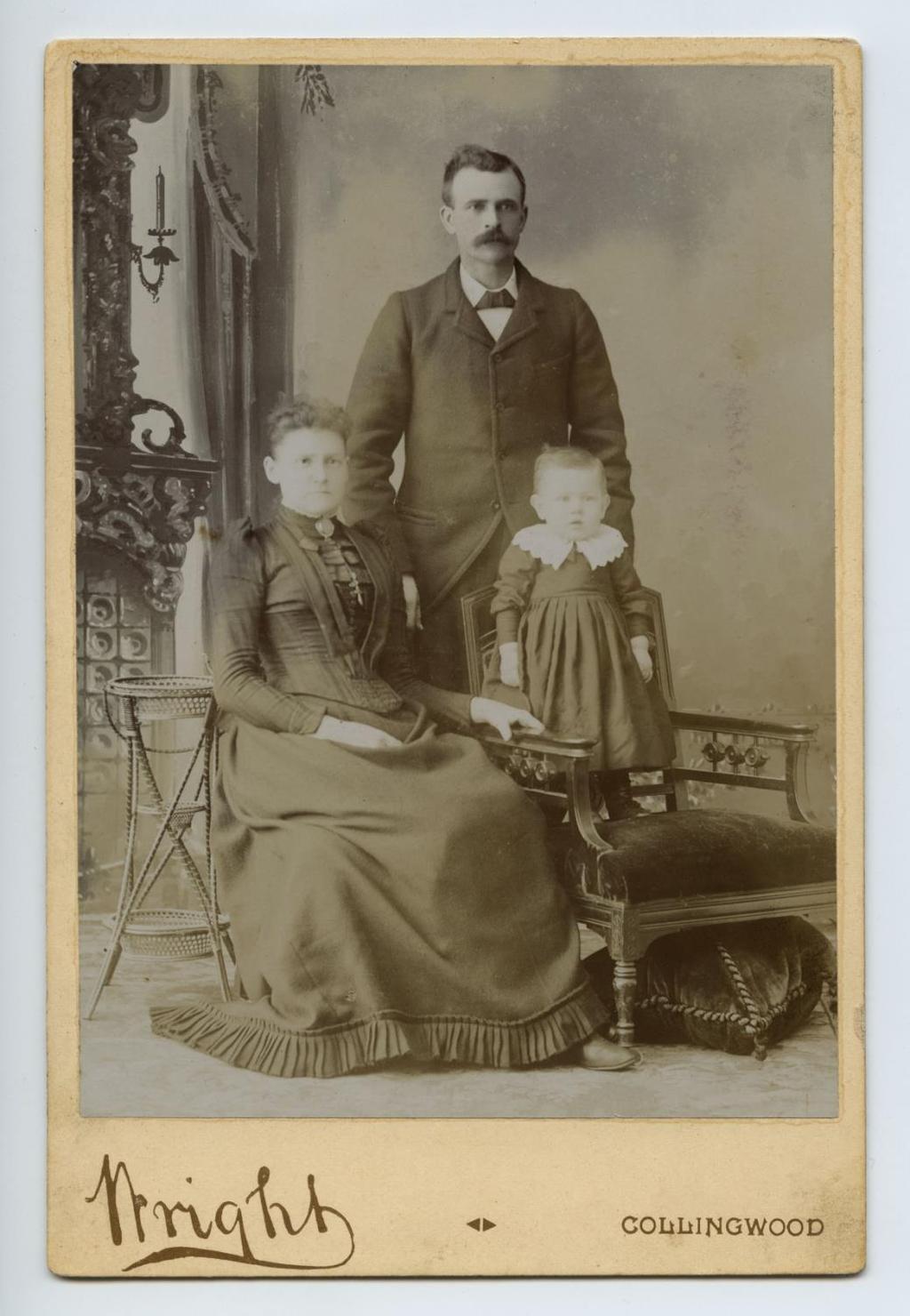 Portrait of John Gildey (1855-1918), Ida Elora Bulmer (1857-1934) and their son Ralph Gidley. John was born in Penetanguishene to Captain John Gidley (1829-1893) and Mary A.