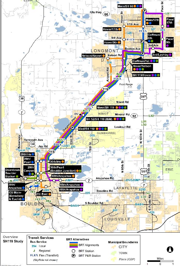 SH119 BRT Scenario #8 (March 9, 2018) Purpose: This scenario was developed to test modifications of four route branches (blue, green, orange and purple) in the City of Boulder.