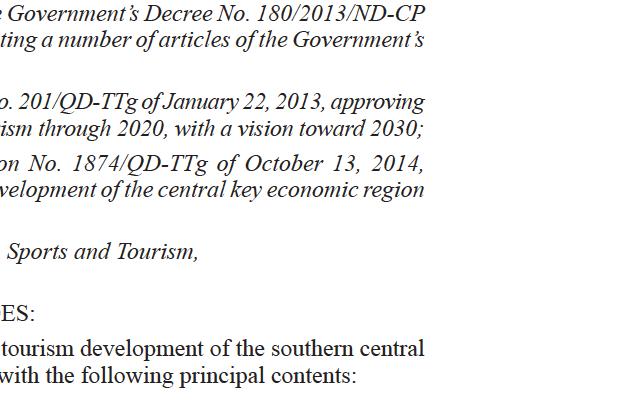 1874/QD-TTg of October 13, 2014, approving the master plan on socio-economic development of the central key economic region through 2020, with a vision toward 2030; At the proposal of the Minister of