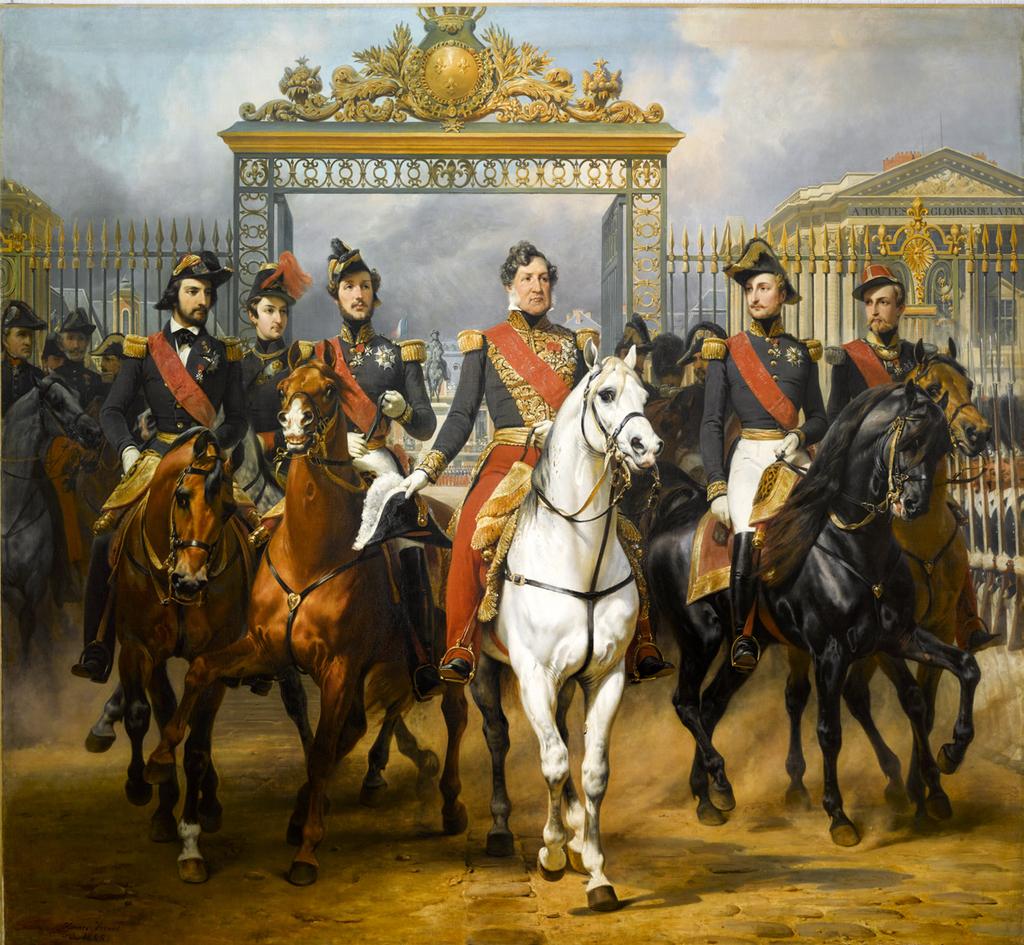 King Louis-Philippe surrounded by his five sons leaving through the Honour Gate of the Palace of Versailles after having passed a military review in the
