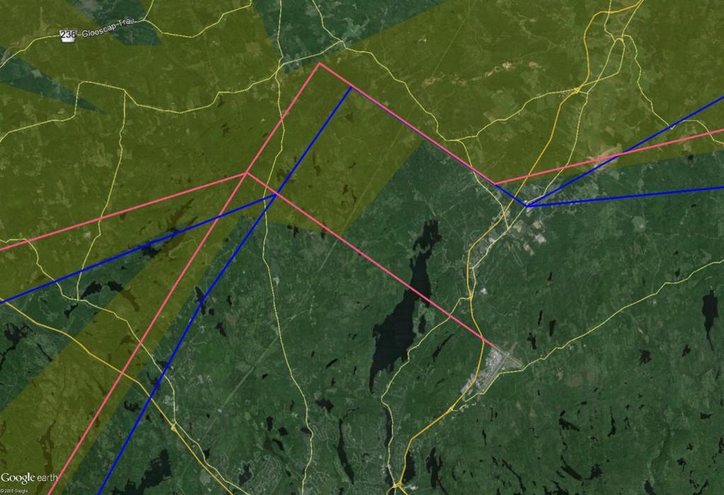 Figure 9: Sample traffic and proposed RNP AR route 80 flights/year 180 flights/year Figure 9 shows a composite of the proposed RNP AR approach paths for runway 14 (in blue) on a map of the Halifax