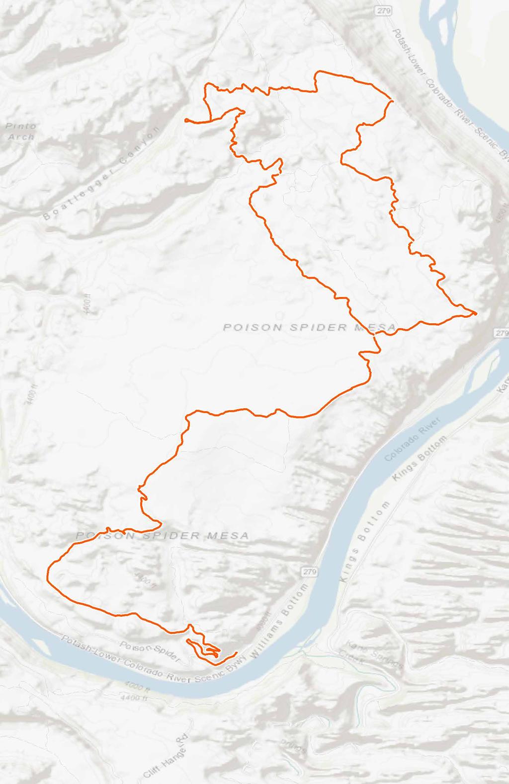3POISON SPIDER MESA 17.7 MILES 2.93 BACKGROUND» 17.7 miles» 1,975 elevation gain» Lollipop + loop» Challenging 4x4 doubletrack» Slickrock ledges and sections of sand» https://www.mtbproject.