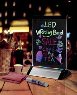 DESKTOP DISPLAYS Desktop Displays DAGANZO LED WRITING BOARD Re-writable and eraseble Led Board, Daganzo is available in A4 and A5 format. Featuring 12 modes of bright Neon Effects.
