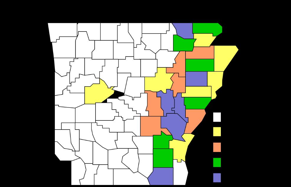 The top five counties for sorghum planted acreage in Arkansas were Crittenden, Woodruff,