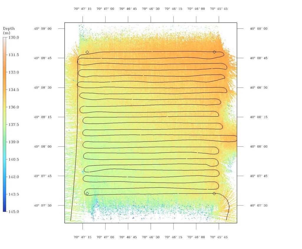 Figure B-3: Example of multibeam bathymetry survey conducted at the Pioneer Central site during At-Sea Test 2. The area surveyed is approximately 1.