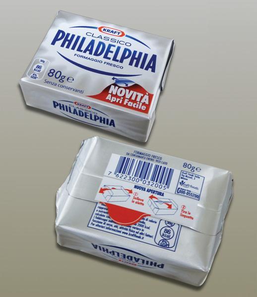 A preformed, aluminium foil based coquille, manufactured by Constantia Flexibles/Hueck, for hot filling of Kraft s Philadelphia classico/light cream cheese, is formed to a rectangle shape, or Philly