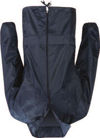 PVC coating on inside. Zip front. Concealed hood. Lower front pockets with flap. Studded cuffs. Hip drawcord.
