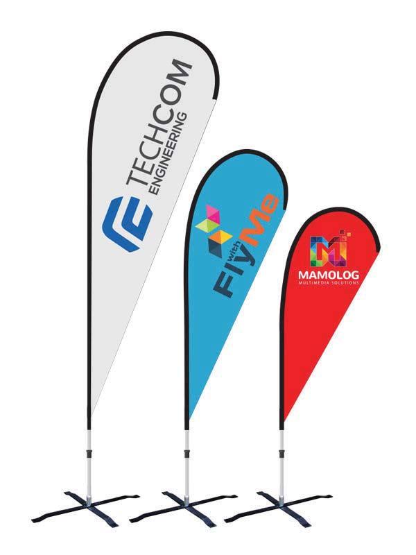 TEARDROP FLAG AVAILABLE SIZES: 8', 10' & 14' IMPRINT LOCATIONS: Single or Double Sided FABRIC: Polyester PRINTING METHOD: UV Treated Dye Sublimation INCLUDES: Fiberglass Poles, Ground Stake & Padded