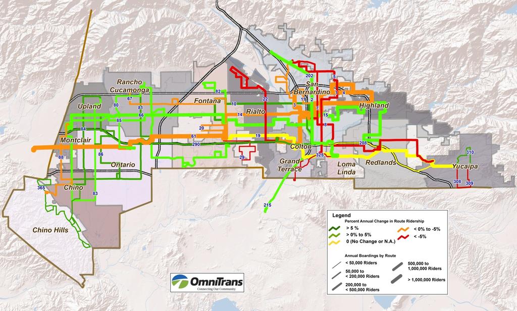 FY2019 Service Plan Exhibit 4: Map of Omnitrans Routes by Recent Growth Rate and Annual Ridership Within Omnitrans service area, the initial return to stabilizing ridership has not occurred
