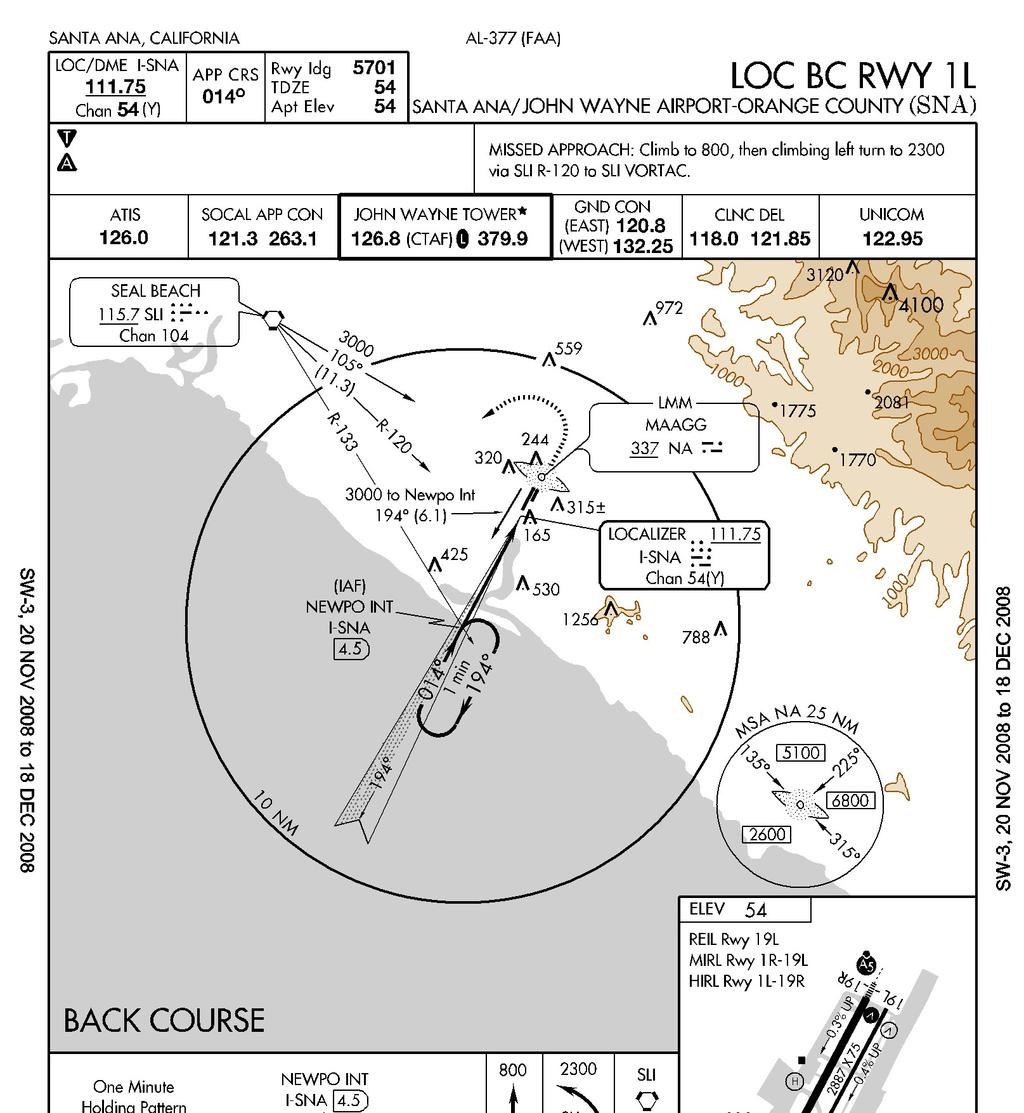 43. You are cleared for the Santa Anna, CA (SNA) LOC BC 1L approach and you are using an HSI. Your course selector should be set to 194 014 337 44.