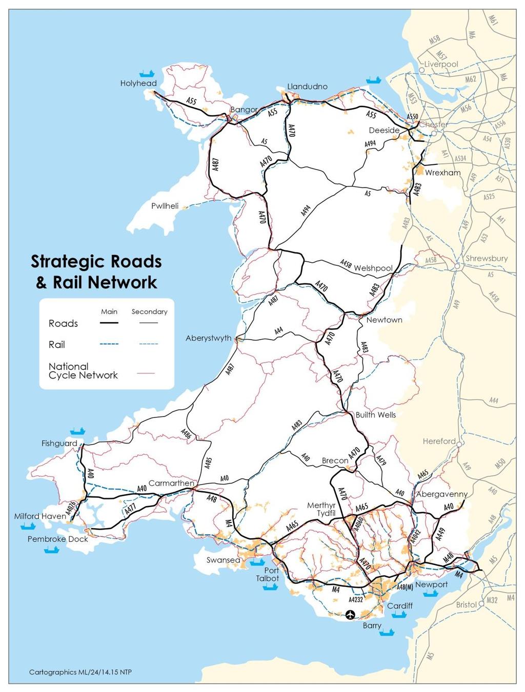 Figure 2.1: Key national road and rail networks, significant ports and airports and key routes on the national cycle network 2.2.2 Geography has had a significant influence on settlement patterns and the way in which transport networks have developed.