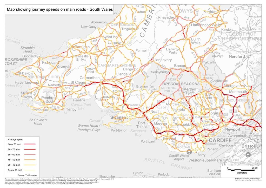 Figure 2.24: Map showing journey speeds on main roads South Wales Access to a car 35 2.7.5 22.9 per cent of households in Wales do not have access to a car (see Figure 2.25 and Figure A.