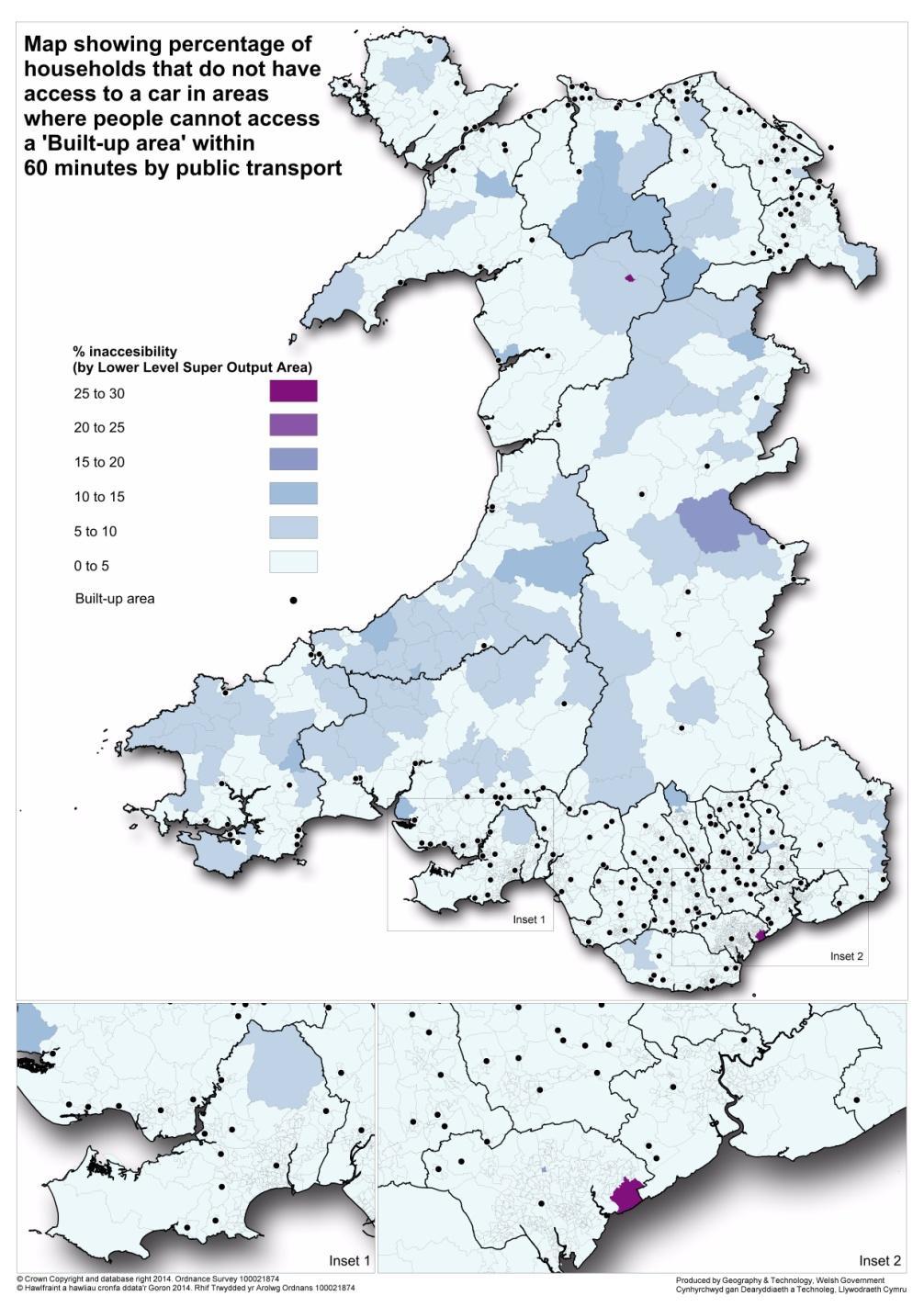 2.7.19 Combining data showing access by public transport and access to a car reveals that of those households who cannot access a built up area by public transport within 60 minutes, 7.