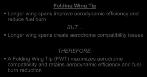 Folding Wing Tip Longer wing spans improve aerodynamic efficiency and reduce fuel burn BUT Longer wing spans create