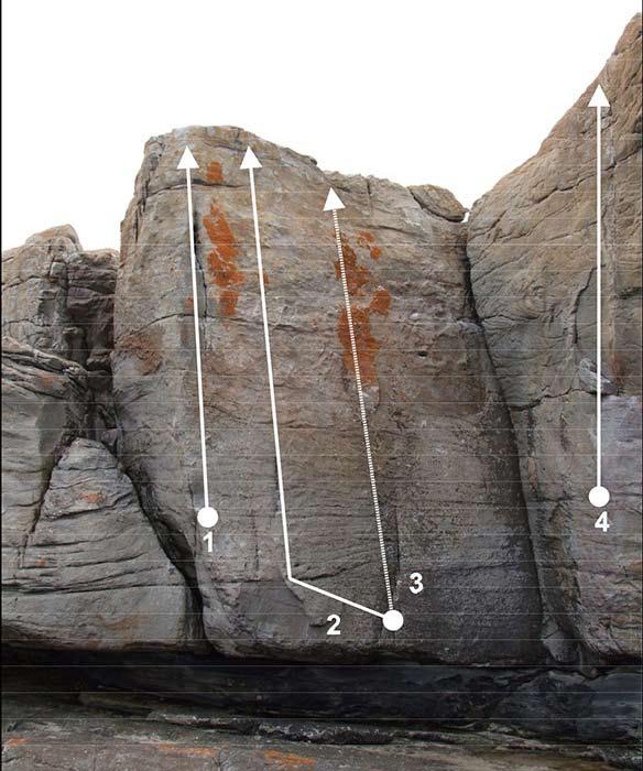 1. Aerial (6B+) Climb the arête. 2. Spongebob (7A+) Get up on good foothold, step across L and climb face. Don t use holds on arête. 3. Open Project.