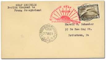 World Airmail Covers: Zeppelin Flights 1818 Ger many, 1931, 4m Po lar Flight Zep pe lin (C42), tied by July 25 1931 can cel and red