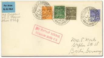 at Fernando de Noronha (June 14) and DLH at Las Palmas (June 19). Air - mail to Berlin, ar rived June 23 backstamp, with 9 Brazil stamps, Ex tremely Fine.