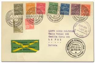 6), VARIG Pelotas - Porto Alegre, franked with 2 Brazil stamps + VARIG sur charge on Con dor (Sanabria V1), Ex tremely Fine.