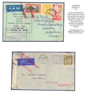 First a First Flight cover for through air mail ser vice NZ-Aus tra lia-eng land post marked Rotorua Apr 20, 1940, and then air mail can - celed in Lon don and for warded by sur face to ad dressee in