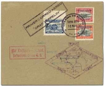 Cover from La Paz to Berlin, with black boxed flight ca chet, US vi o let di a mond flight ca chet, red Berlin air mail con fir ma tion ca chet, Friedrichshafen and Berlin backstamps; franked with