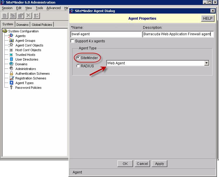 2. list. Click Apply, and then OK. The created agent appears in the Netegrity Policy Server window. Figure 1. Creating SiteMinder Agent. Create an Agent Configuration Object 1.