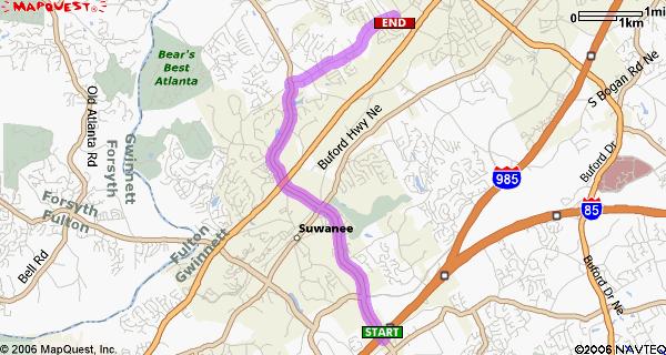 Table 1 lists driving directions from I-85 and Lawrenceville-Suwanee Road to EE Robinson Park. Below that Figure 3 maps the route.