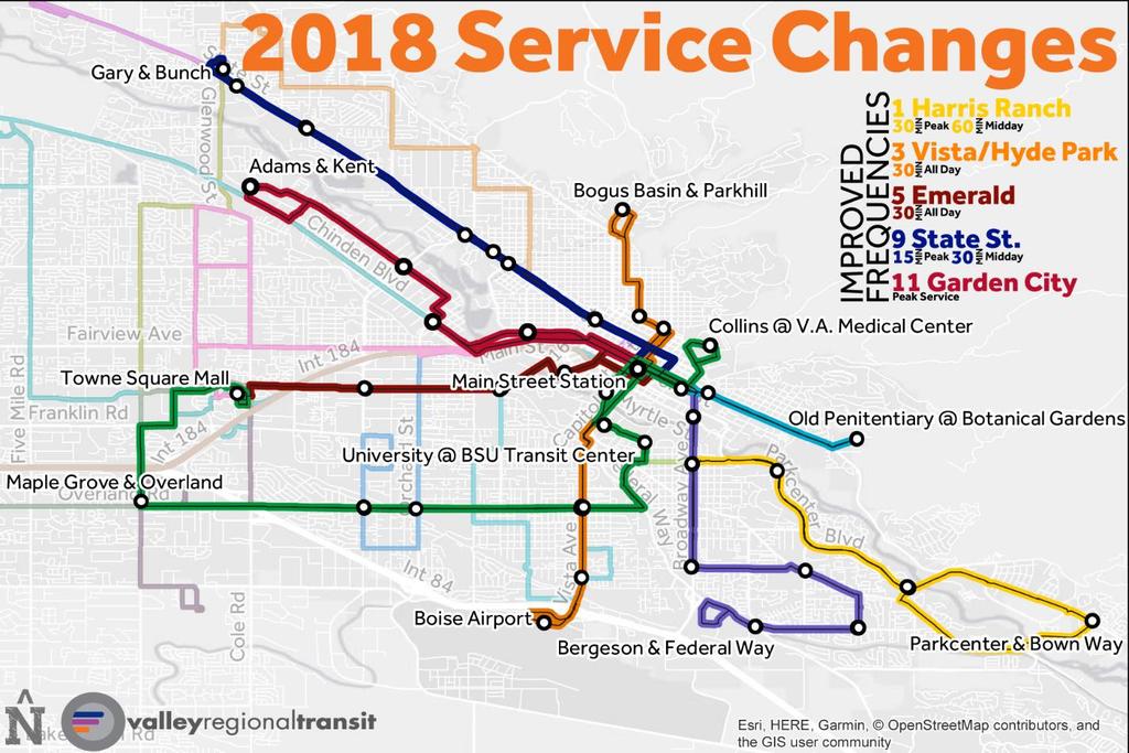 2018 Service Changes Ada County System Benefits 15 minute headways on State Street during peak hours o 30 minutes on Saturdays 30 minute headways on Emerald all day on weekdays More