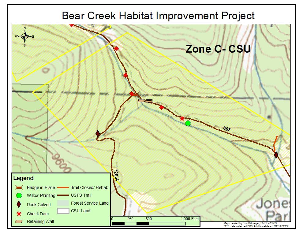 3) Zone C- CSU Lands This zone lies in the middle of the greater project area. Trail 720-A comes in from the southwest, increasing recreational impacts within this zone.