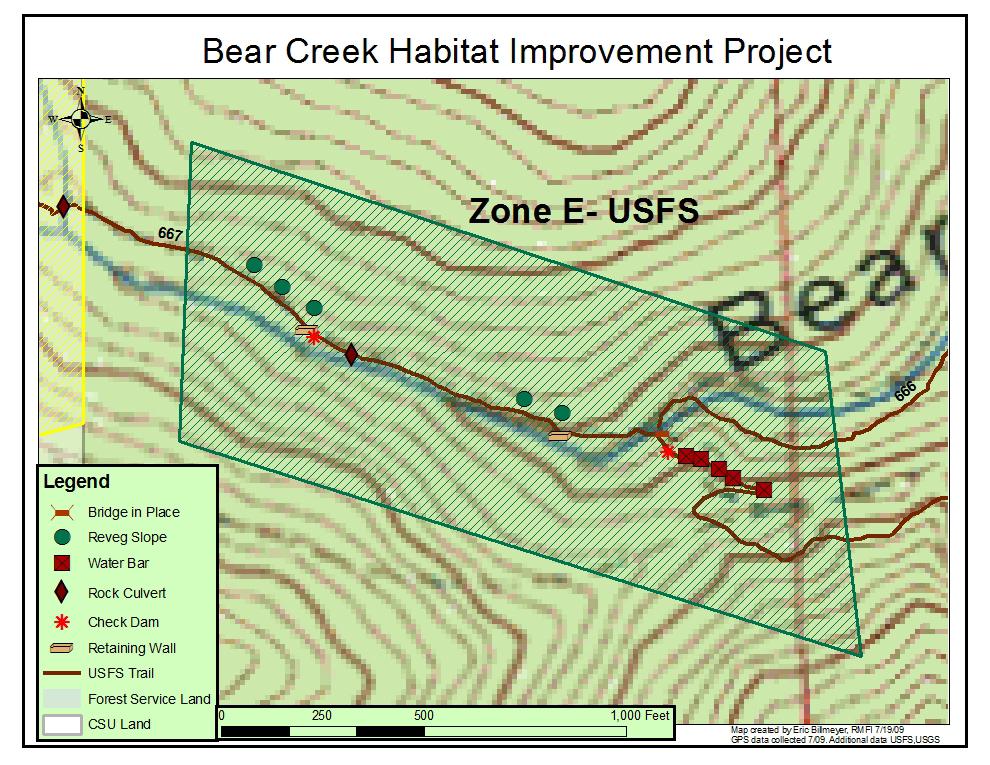Proposed work to be completed in this zone of the habitat improvement project includes: - Installation of 2 rock check dams within existing trail drainage channels (one per drainage) to attenuate