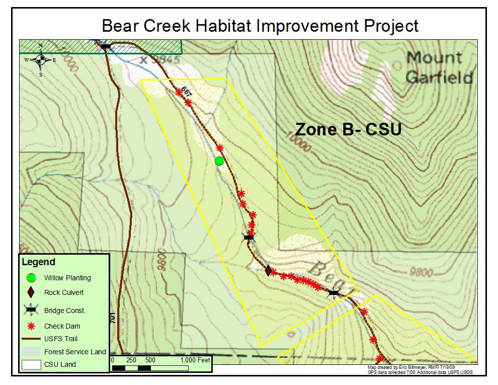 2) Zone B- CSU Lands This zone is of a high priority as it includes two stream crossing as well as one major tributary crossing. The length of trail included in this zone is approximately ¾ of a mile.