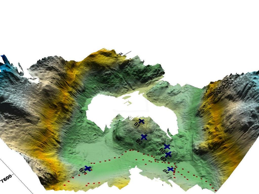 Figure 14. ILRIS 1 m DEM of terminal moraine and glacier terminus illustrating ILRIS base locations (blue crosses) and comparative GPS data points over glacier surface (red crosses).