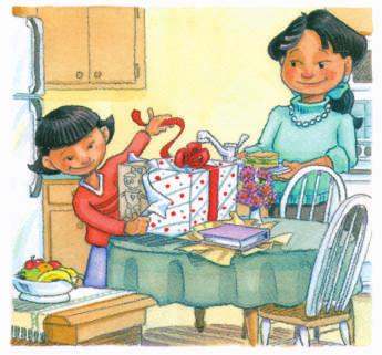 she exclaimed, giving Maggie a big kiss. Maggie s mother handed her a package from her grandparents. It was a new book by her favorite author and a birthday card. She showed it to her mother.