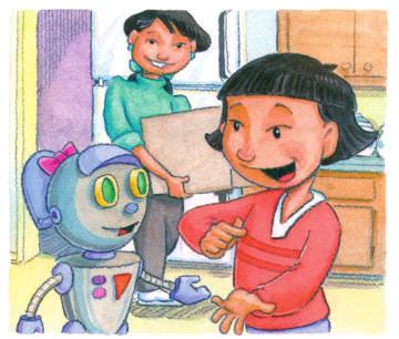 Press the button! her mother said. Maggie pressed the purple button on the robot s chest. The robot s black eyes lit up and her mouth turned up in a smile. 10 Hello, the robot said. I am your robot.