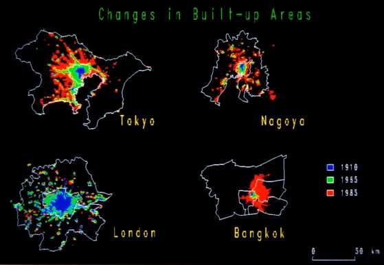 Changes in Built-up Areas Tokyo Nagoya 0 50 km 1910 1965