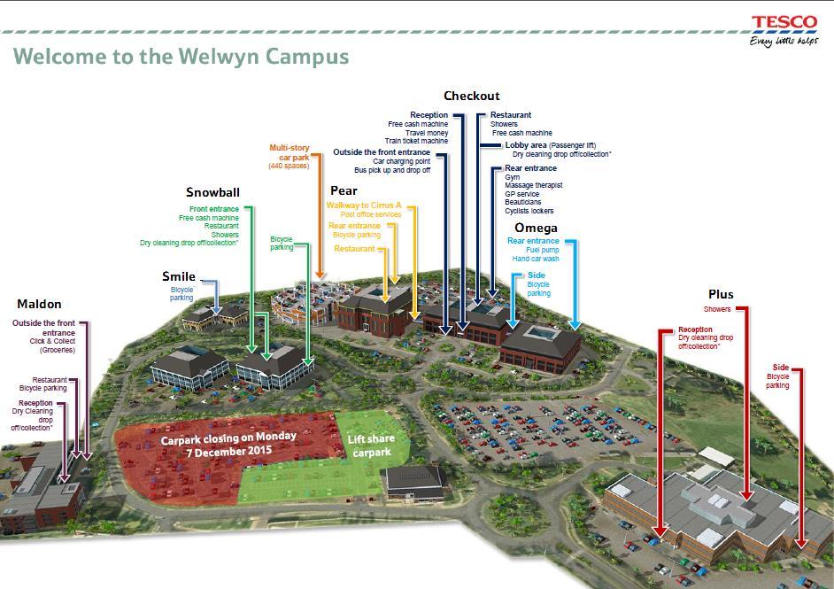 Finding your way around our campus The map below will help you find your way around. Before your visit, it s worth asking your Tesco colleague to confirm which building you are meeting them in.