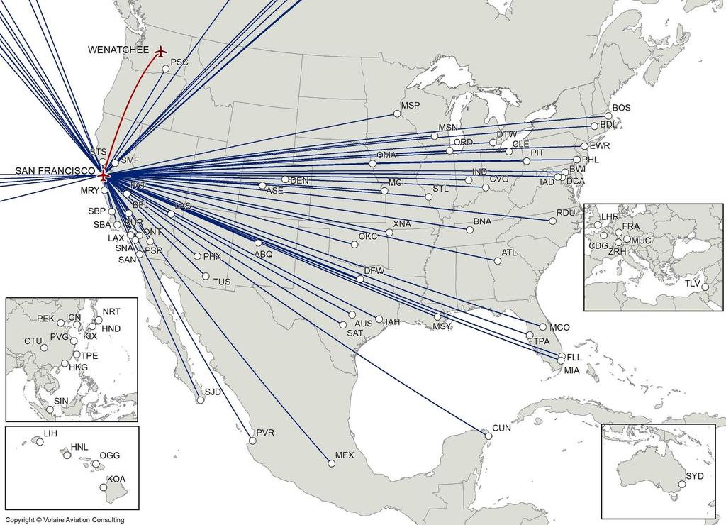 THE UNITED HUB AT SFO OFFERS CONNECTIONS TO 77 CITIES, ACCESSING 689