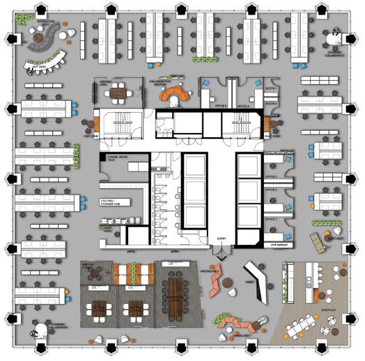 FLOOR PLANS HIGHRISE CONCEPT PLAN Area Qty Workstations 95 Office 5 Receptionist 2 Hot desk 13 Meeting room 4 Casual meeting space 4 Quiet phone