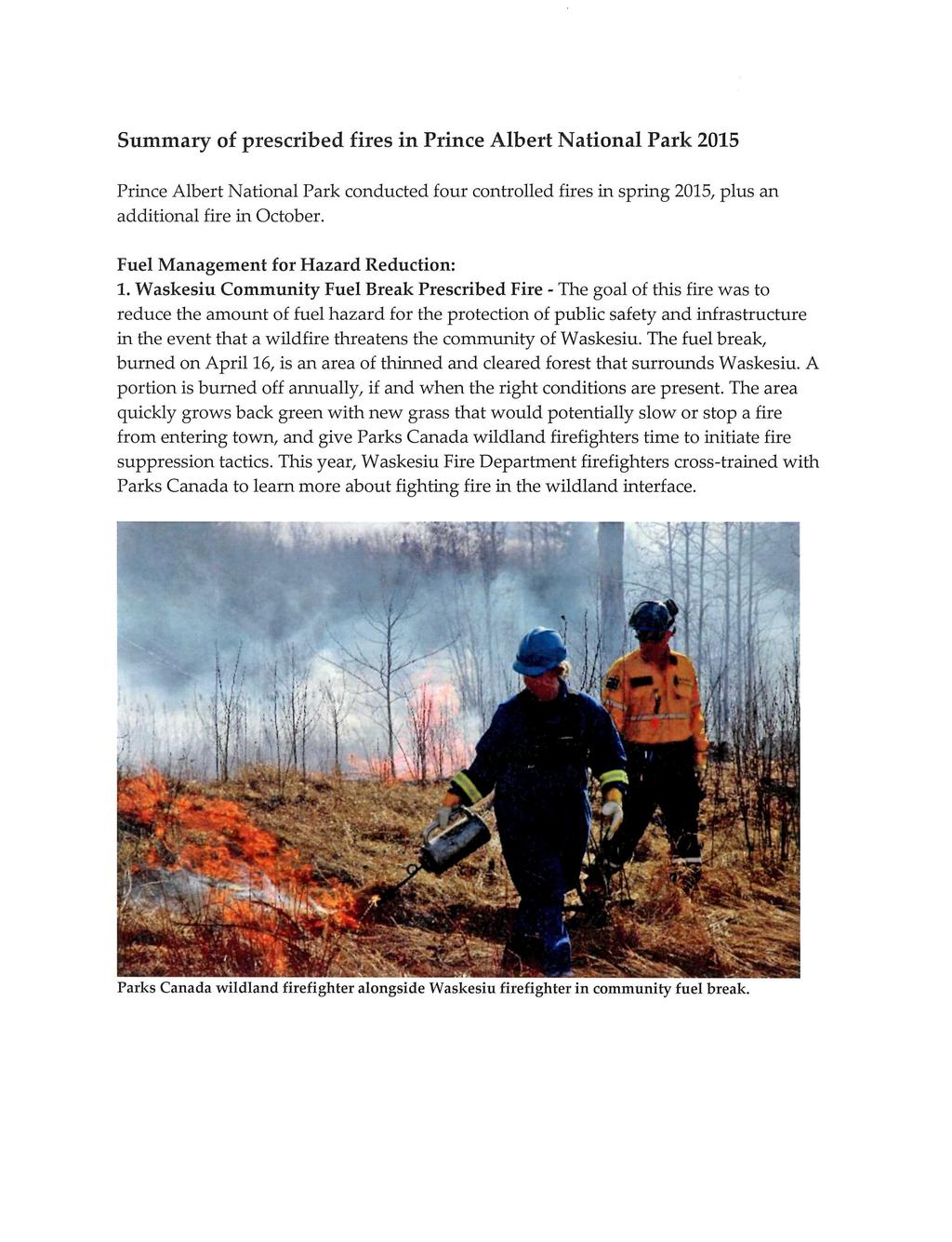 Summary of prescribed fires in Prince Albert National Park 2015 Prince Albert National Park conducted four controlled fires in spring 2015, plus an additional fire in October.