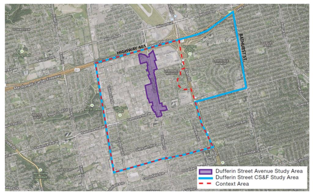 Hamilton Area. Regionally, Dufferin Street is parallel to Allen Road, Bathurst Street, and Avenue Road to the east, and Caledonia Road and Keele Street to the west.