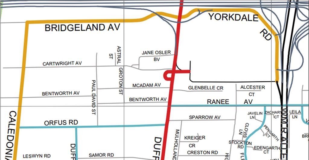 Local street network: Dufferin Street and Lawrence Avenue West are major arterial roads (red in Figure 4) connected to a series of collector (orange) and local (blue) roads that provide access to