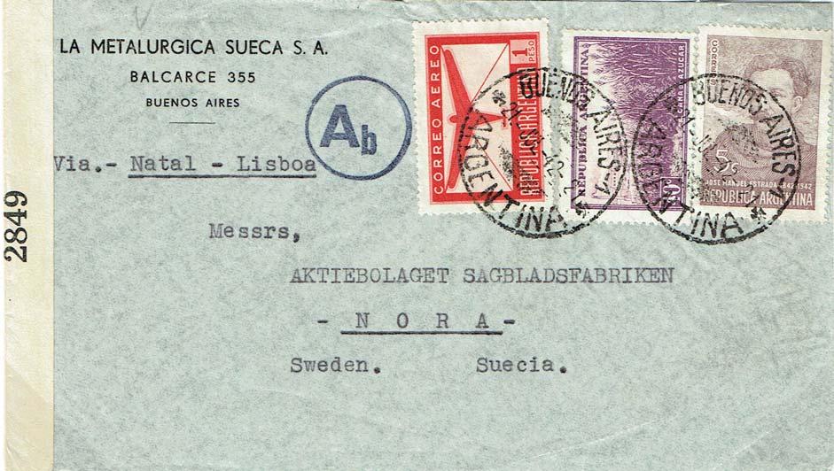 Censorship transfer from Bathurst to San Juan Argentina to Sweden. The first mail bag.