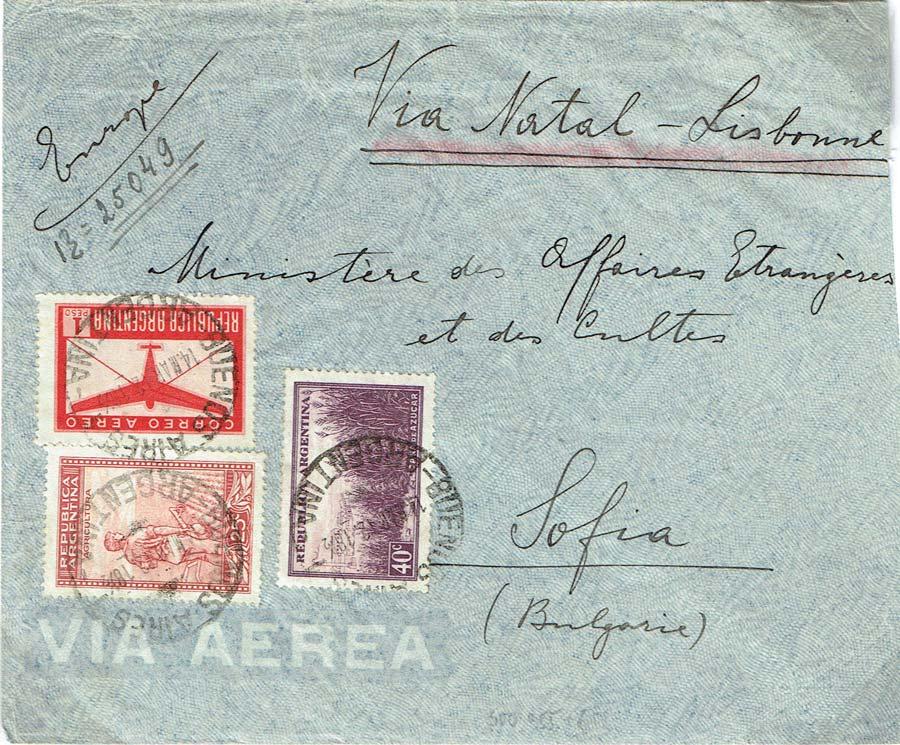 Unintercepted mail from South America to Europe Argentina to Bulgaria Pan American