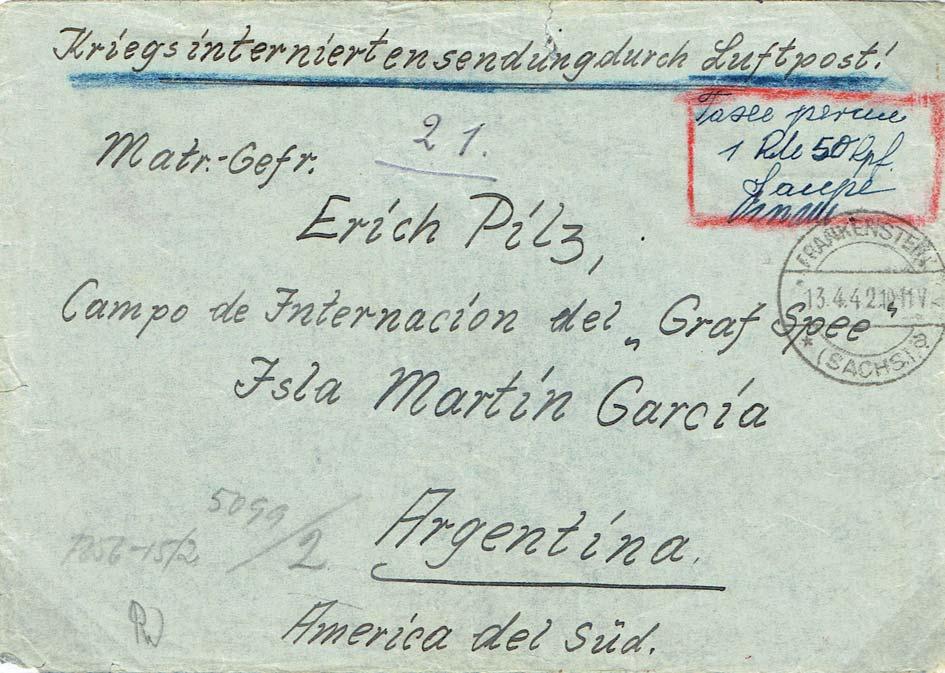 Unintercepted mail from Europe to South America Germany to Argentina. Internee mail.
