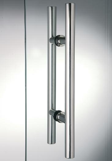 A STEEL PAR OF HANDLES 300 mm x Ø16 / Ø20 mm Material: AS 304 steel Features: pull handles for glass doors with round section for glass up to 12 mm.