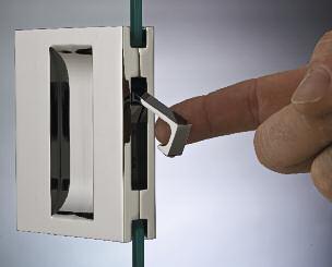 New square handle design for pocket sliding doors, with hook mechanism to facilitate opening.